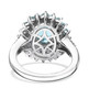 back view of blue apatite multi color sapphire and zircon halo ring in rhodium over sterling silver