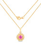 full view of pink sapphire and diamond pendant necklace in solid 14k yellow gold