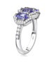 side view of tanzanite and zircon trilogy halo ring in rhodium over sterling silver