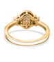 back view of aquamarine and white zircon halo ring in 18k yellow gold over sterling silver