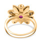 back view of ruby (ff) and white zircon enamel flower ring in 18k yellow gold over sterling silver
