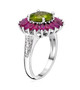 side view of peridot and rhodolite garnet halo ring in rhodium over sterling silver