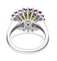 back view of peridot and rhodolite garnet halo ring in rhodium over sterling silver