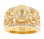 golden south sea pearl and moissanite solitaire band ring in 18k yellow gold over sterling silver