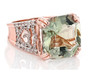 front view of prasiolite and white zircon ring in 18k rose gold over sterling silver