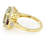 side view of prasiolite rhodolite garnet and zircon ring in 18k yellow gold over sterling silver