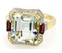 front view of prasiolite rhodolite garnet and zircon ring in 18k yellow gold over sterling silver