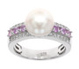 front view of pearl pink sapphire and zircon ring in rhodium over sterling silver