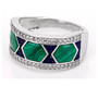 front view of malachite lapis lazuli and white zircon band ring in rhodium over sterling silver