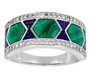 malachite lapis lazuli and white zircon band ring in rhodium over sterling silver