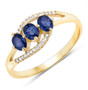 blue sapphire and diamond trilogy ring in solid 14k yellow gold