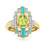 peridot and white topaz art deco style blue and white enamel ring in 18k yellow gold over sterling silver