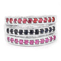 front view of multi color sapphire three band ring set in rhodium over sterling silver