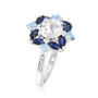 side view of white topaz sapphire and sky blue topaz cluster ring in rhodium over sterling silver