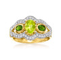peridot chrome diopside and zircon three stone halo ring in 18k yellow gold over sterling silver