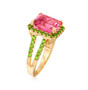 side view of pink topaz and chrome diopside halo split shank ring in 18k yellow gold over sterling silver