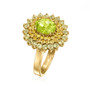 side view of peridot and yellow sapphire halo cluster ring in 14k yellow gold