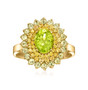 front view of peridot and yellow sapphire halo cluster ring in 14k yellow gold