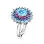 side view of swiss blue topaz pink sapphire and blue sapphire cluster halo ring in 14k white gold