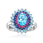 front view of swiss blue topaz pink sapphire and blue sapphire cluster halo ring in 14k white gold