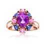 front view of amethyst pink sapphire and blue sapphire cluster halo ring in 14k rose gold