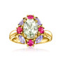front view of prasiolite pink sapphire and tanzanite cluster halo ring in 14k yellow gold