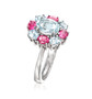 side view of aquamarine and pink tourmaline halo cluster ring in 14k white gold