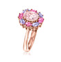 side view of morganite pink tourmaline and tanzanite halo cluster ring in 14k rose gold