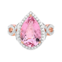 front view of pink morganite and diamond pear halo ring in solid 14k rose gold