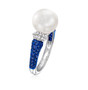 side view of white south sea pearl blue sapphire and diamond solitaire ring in 18k white gold