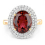 front view of rubellite tourmaline and diamond oval double halo ring in solid 14k yellow gold