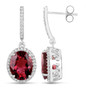 side view of rubellite tourmaline and diamond oval halo drop earrings in solid 14k white gold