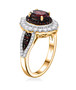 side view of garnet and white zircon halo ring in 18k yellow gold over sterling silver