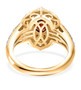 back view of garnet and white zircon halo ring in 18k yellow gold over sterling silver