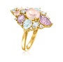 full view of rose quartz blue topaz amethyst prasiolite and white topaz ring in 18k yellow gold over sterling silver