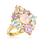 side view of rose quartz blue topaz amethyst prasiolite and white topaz ring in 18k yellow gold over sterling silver