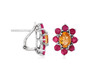 side view of london blue topaz and orange sapphire omega back earrings in rhodium over sterling silver