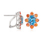 side view of london blue topaz and orange sapphire omega back earrings in rhodium over sterling silver