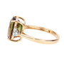side view of bi color tourmaline and diamond ring in solid 14k yellow gold