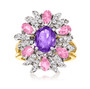 front view of amethyst pink tourmaline and diamond halo ring in 14k yellow gold