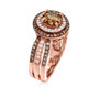 side view of champagne and white diamond double halo ring in 14k rose gold