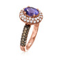 side view of tanzanite brown and white diamond halo ring in 14k rose gold