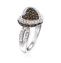 side view of brown and white diamond heart cluster halo ring in 14k white gold