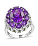 amethyst moissanite and chrome diopside ring in rhodium over sterling silver