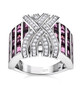 full view of amethyst and white zircon cluster band ring in rhodium over sterling silver