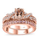 full view of morganite pink sapphire and zircon two ring bridal set in 18k rose gold over sterling silver