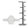 oval white diamond halo wedding ring in solid 14k white gold shown for size comparison