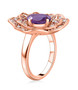 side view of amethyst pink sapphire and zircon flower ring in 18k rose gold over sterling silver