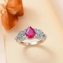 ruby (ff) blue apatite and zircon ring in rhodium over sterling silver shown in a lifestyle photo