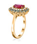 side view of ruby (ff) blue apatite and zircon halo ring in 18k yellow gold over sterling silver